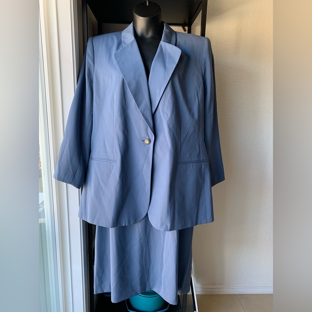 Vintage 90s Kasper II Blue Midi Skirt Suit Set Lined Button Detail Shoulder Pads